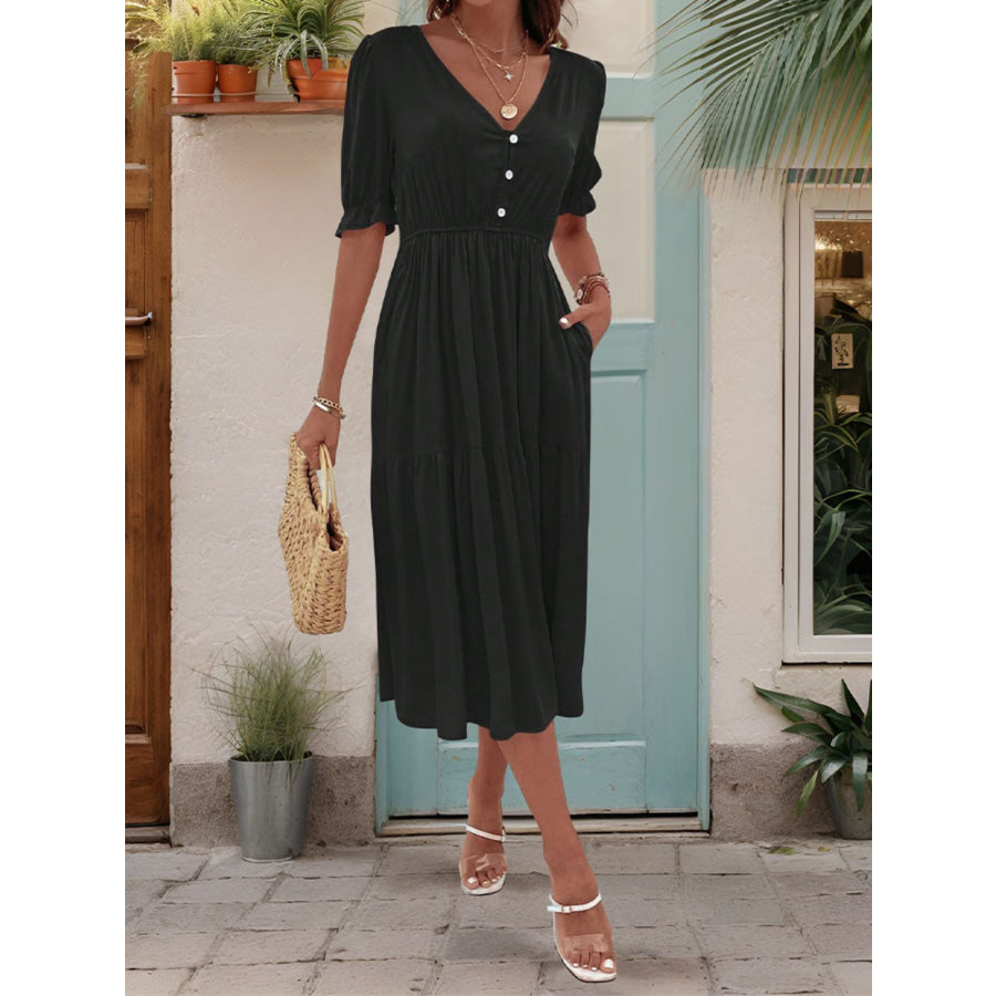 Ruched V-Neck Half Sleeve Midi Dress Black / S Apparel and Accessories