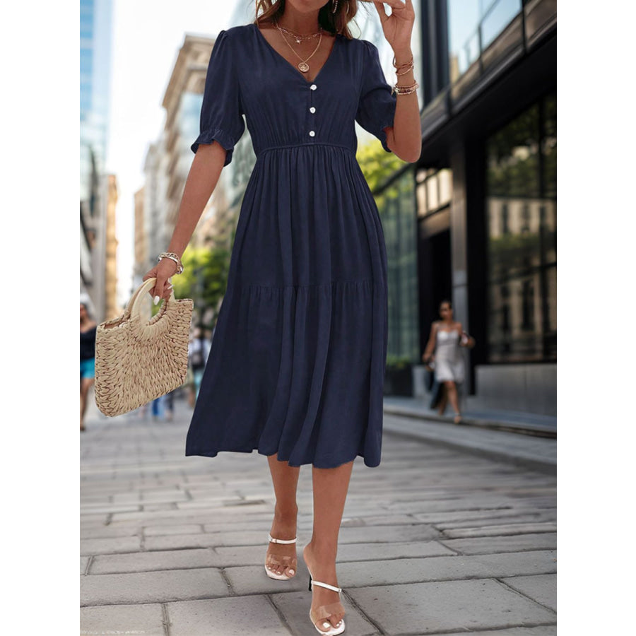 Ruched V-Neck Half Sleeve Midi Dress Dark Blue / S Apparel and Accessories