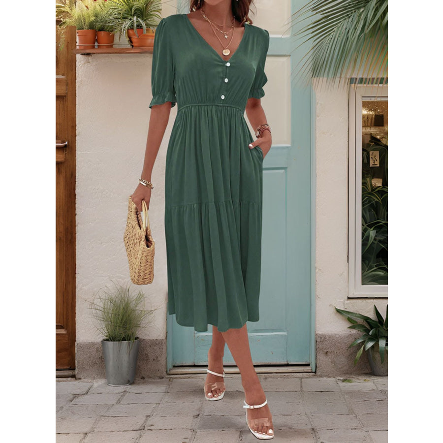 Ruched V-Neck Half Sleeve Midi Dress Dark Green / S Apparel and Accessories