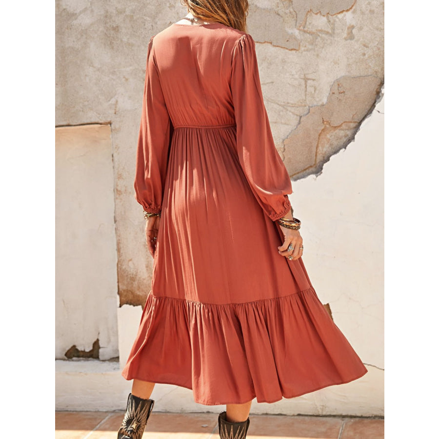 Ruched V-Neck Long Sleeve Midi Dress Orange / S Apparel and Accessories