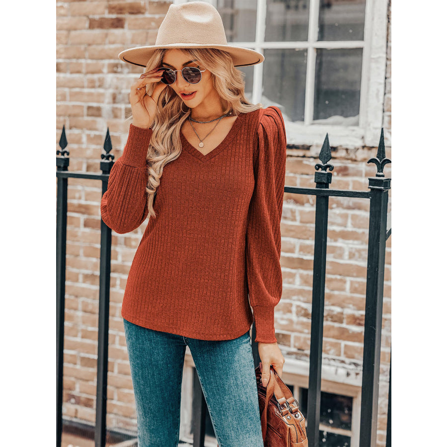 Ruched V-Neck Long Sleeve Top Apparel and Accessories