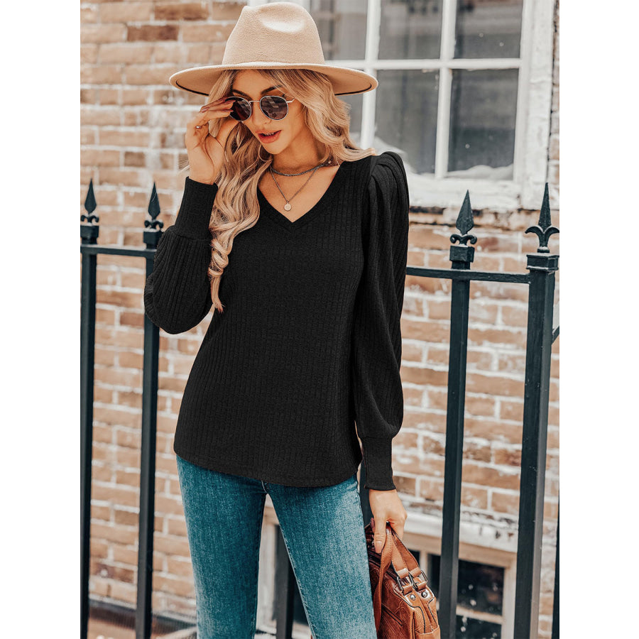 Ruched V-Neck Long Sleeve Top Black / S Apparel and Accessories