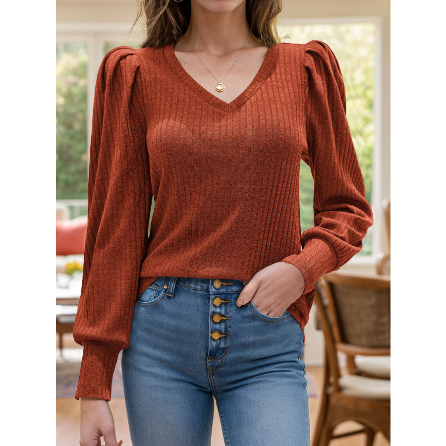 Ruched V-Neck Long Sleeve Top Ochre / S Apparel and Accessories