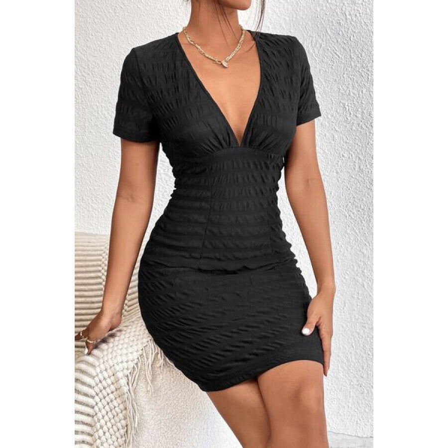 Ruched V-Neck Short Sleeve Dress Black / XS Apparel and Accessories