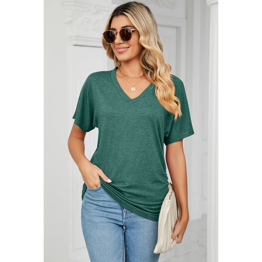 Ruched V - Neck Short Sleeve T - Shirt Apparel and Accessories