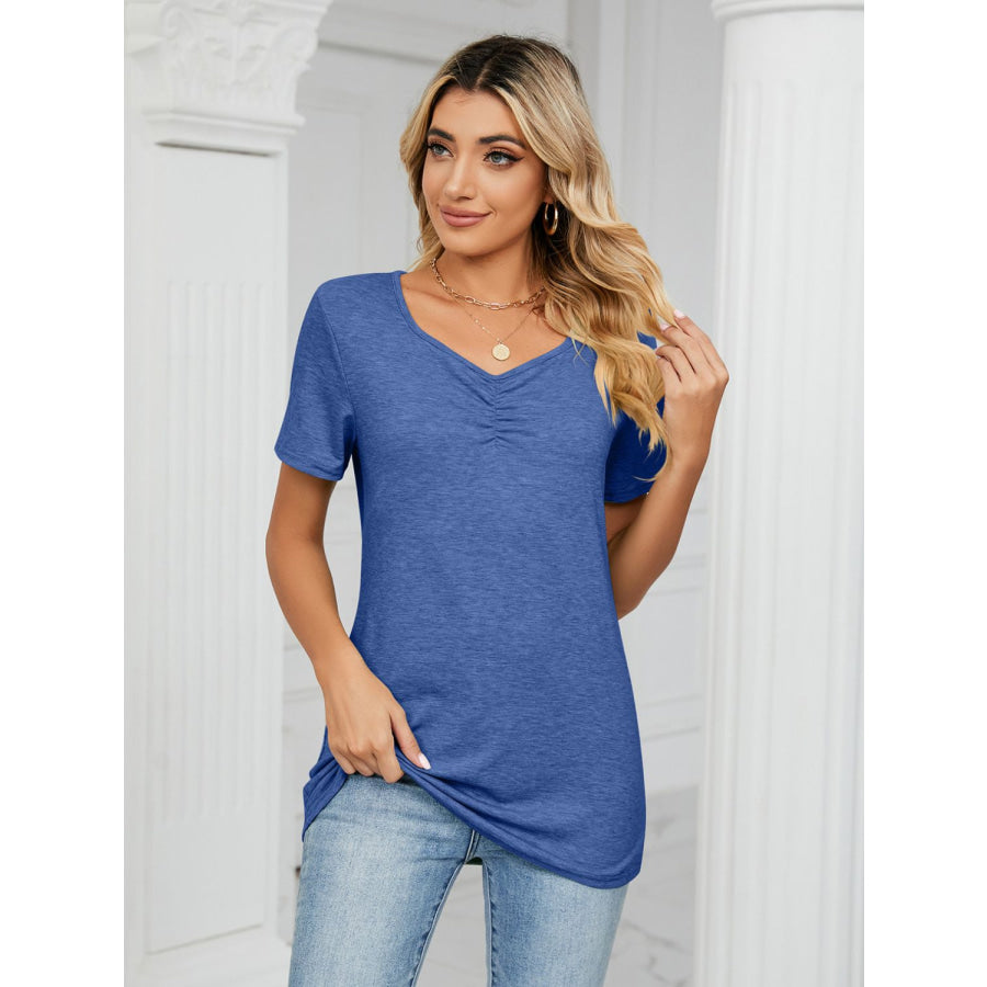 Ruched V-Neck Short Sleeve T-Shirt Apparel and Accessories