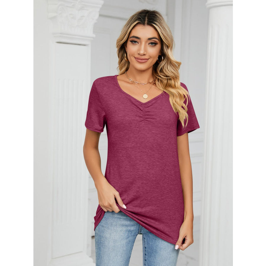 Ruched V-Neck Short Sleeve T-Shirt Apparel and Accessories