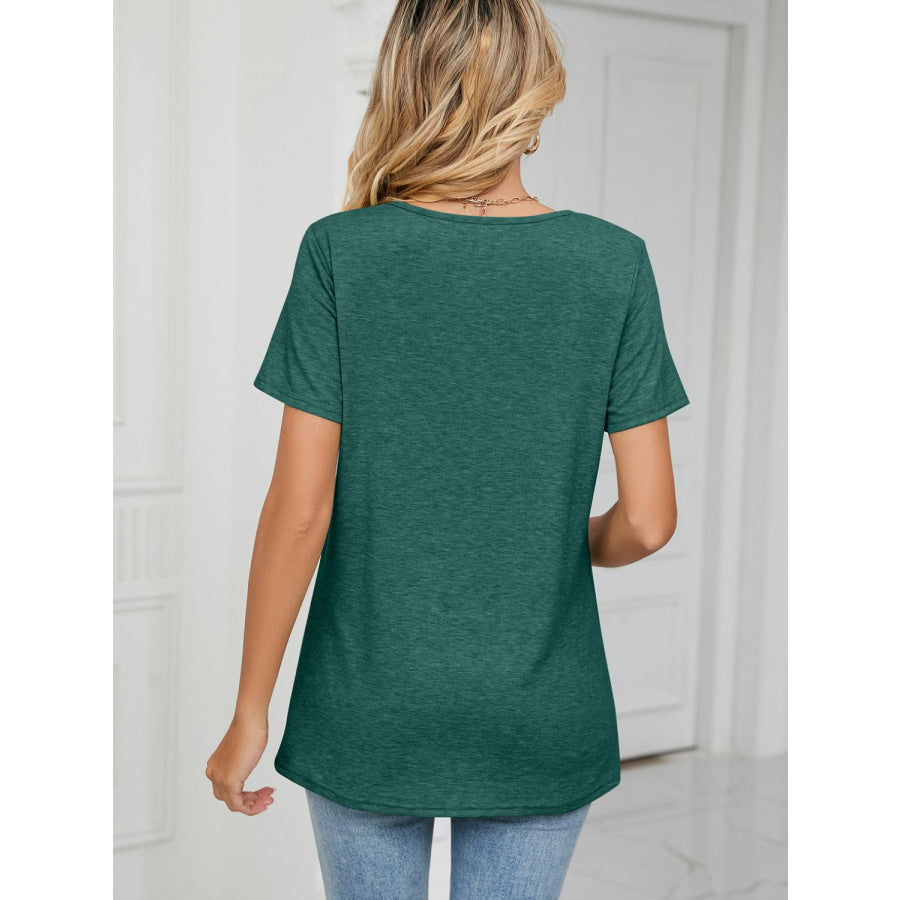 Ruched V-Neck Short Sleeve T-Shirt Dark Green / S Apparel and Accessories