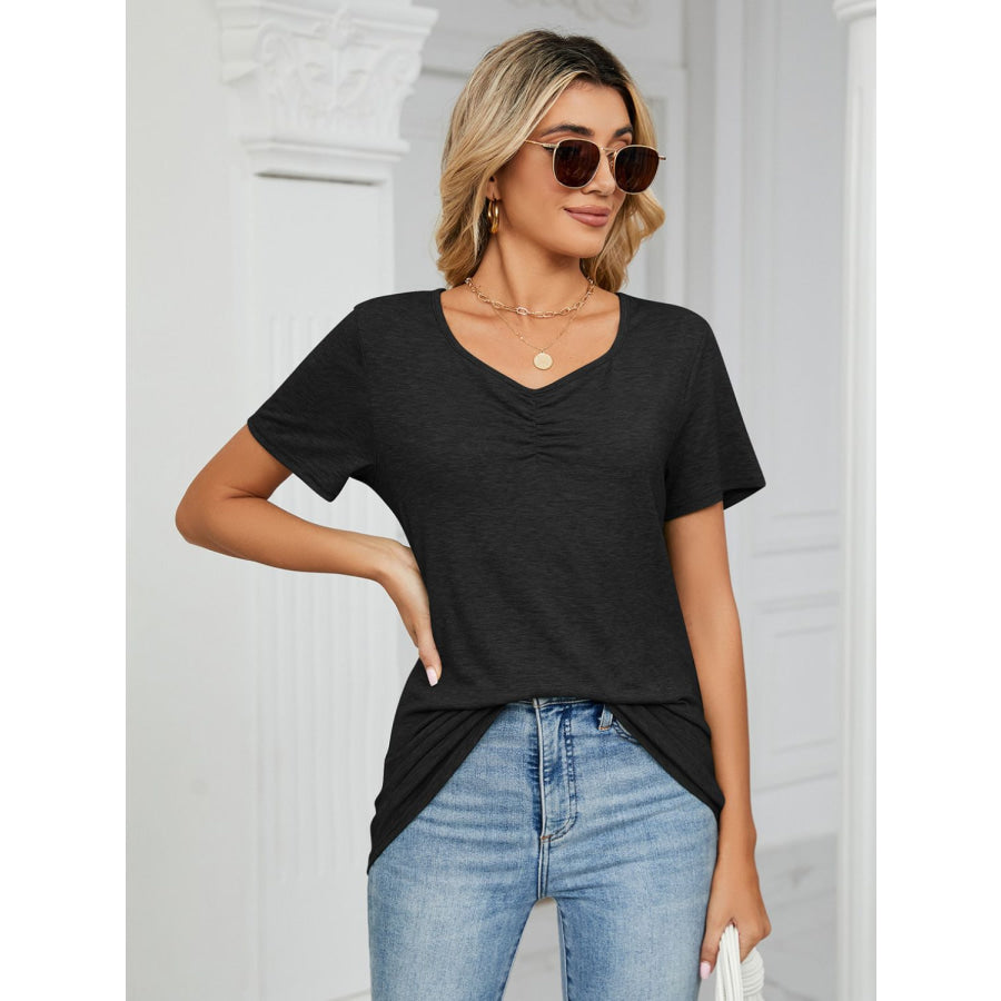 Ruched V-Neck Short Sleeve T-Shirt Apparel and Accessories