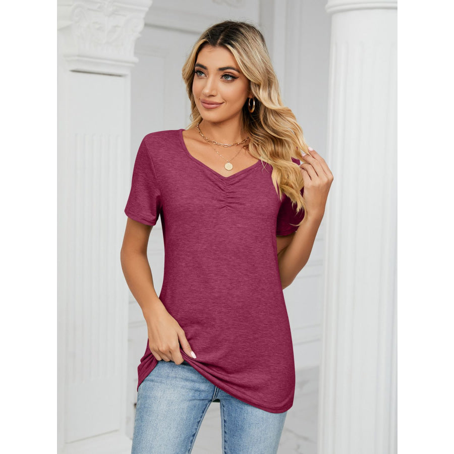 Ruched V-Neck Short Sleeve T-Shirt Apparel and Accessories