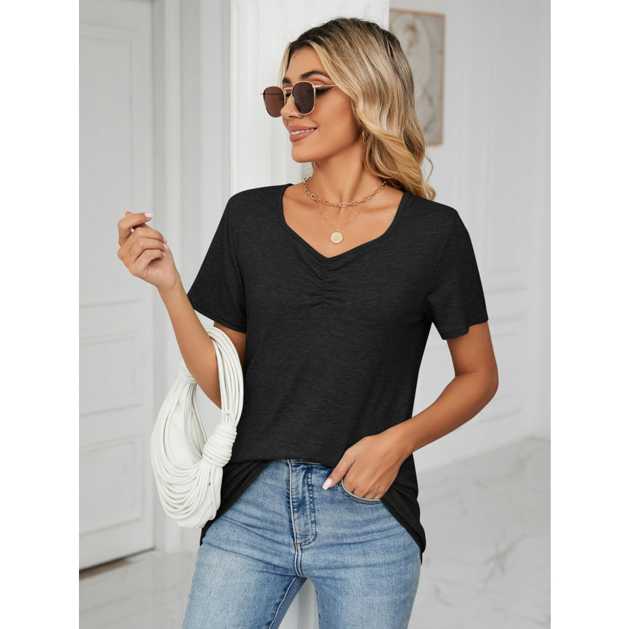 Ruched V-Neck Short Sleeve T-Shirt Apparel and Accessories