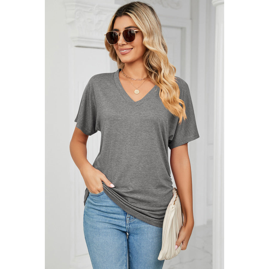 Ruched V - Neck Short Sleeve T - Shirt Apparel and Accessories