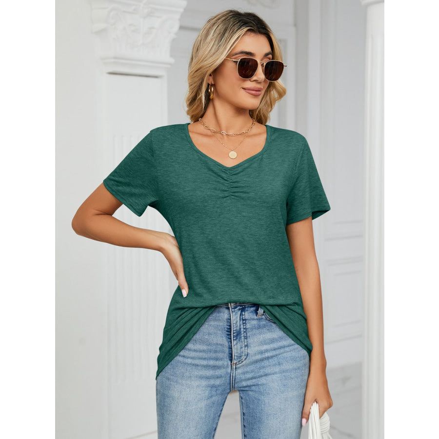 Ruched V-Neck Short Sleeve T-Shirt Apparel and Accessories