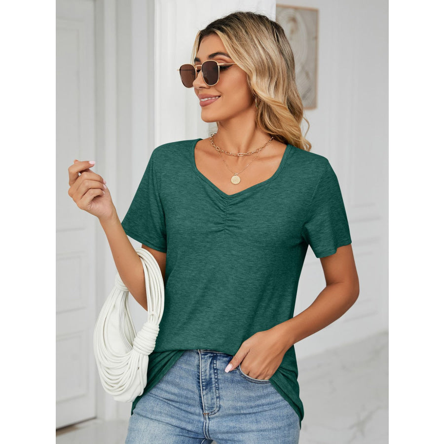 Ruched V-Neck Short Sleeve T-Shirt Apparel and Accessories