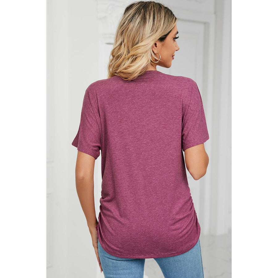 Ruched V - Neck Short Sleeve T - Shirt Apparel and Accessories