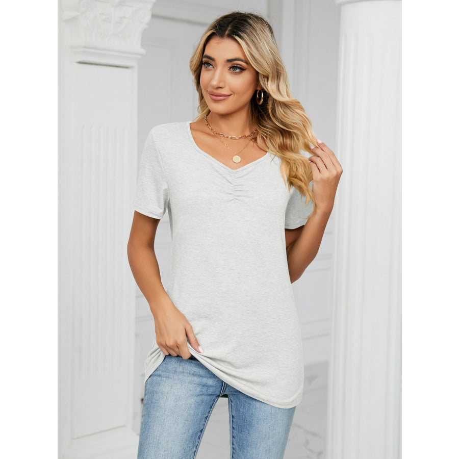 Ruched V-Neck Short Sleeve T-Shirt Apparel and Accessories