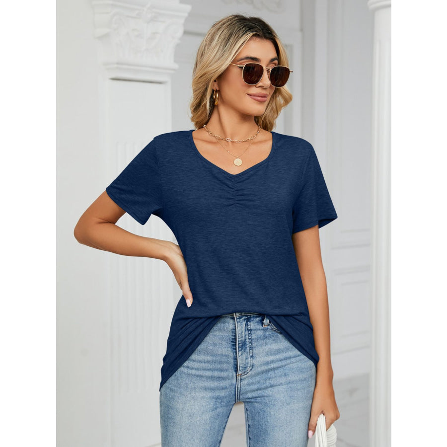 Ruched V-Neck Short Sleeve T-Shirt Apparel and Accessories