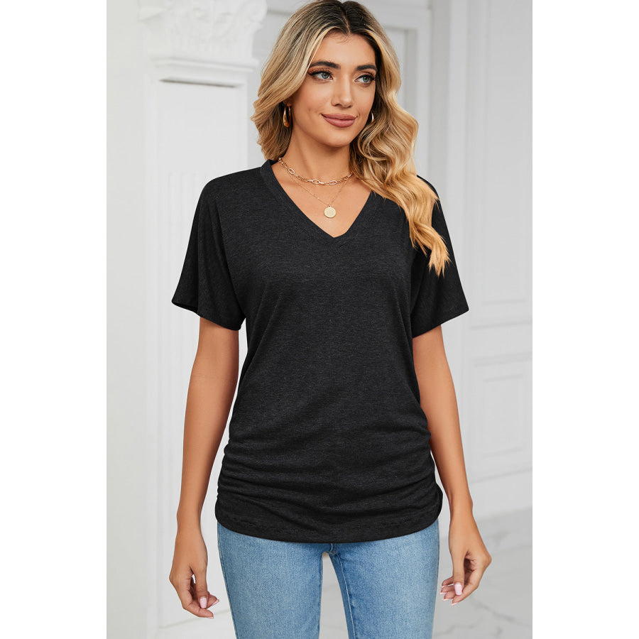 Ruched V - Neck Short Sleeve T - Shirt Black / S Apparel and Accessories