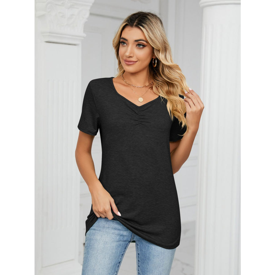 Ruched V-Neck Short Sleeve T-Shirt Black / S Apparel and Accessories