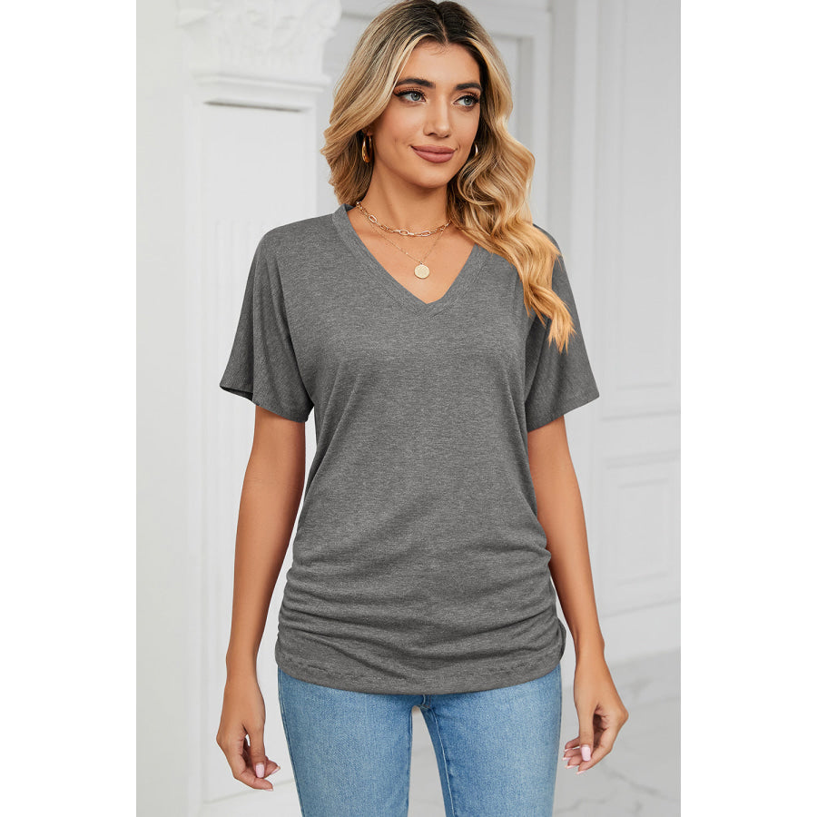 Ruched V - Neck Short Sleeve T - Shirt Charcoal / S Apparel and Accessories