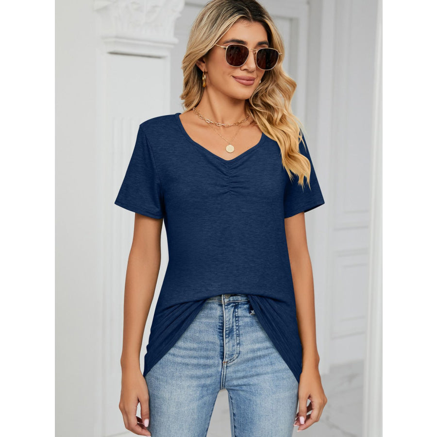 Ruched V-Neck Short Sleeve T-Shirt Dark Blue / S Apparel and Accessories