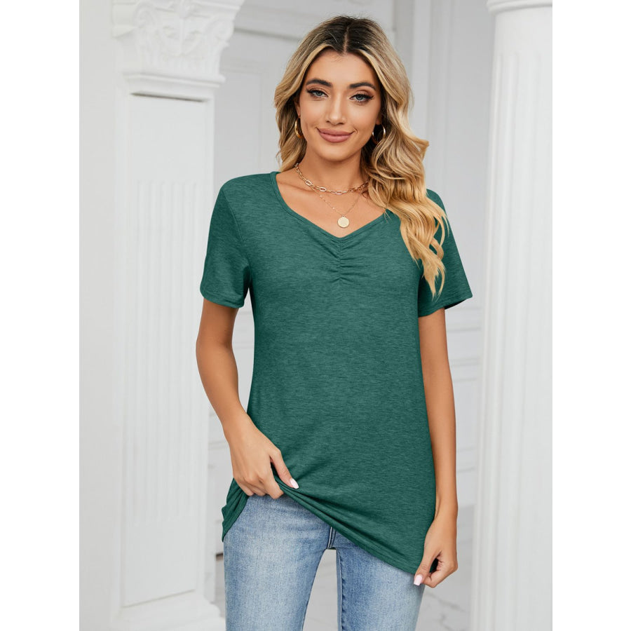 Ruched V-Neck Short Sleeve T-Shirt Dark Green / S Apparel and Accessories