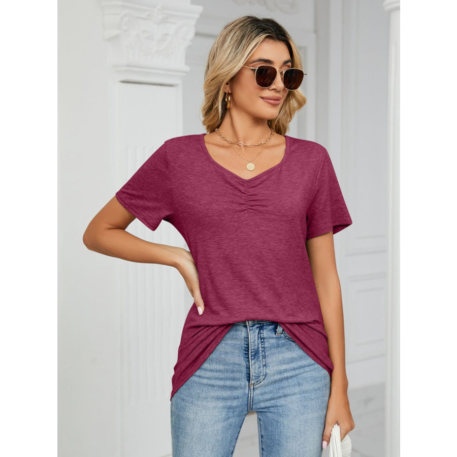 Ruched V-Neck Short Sleeve T-Shirt Deep Purple / S Apparel and Accessories