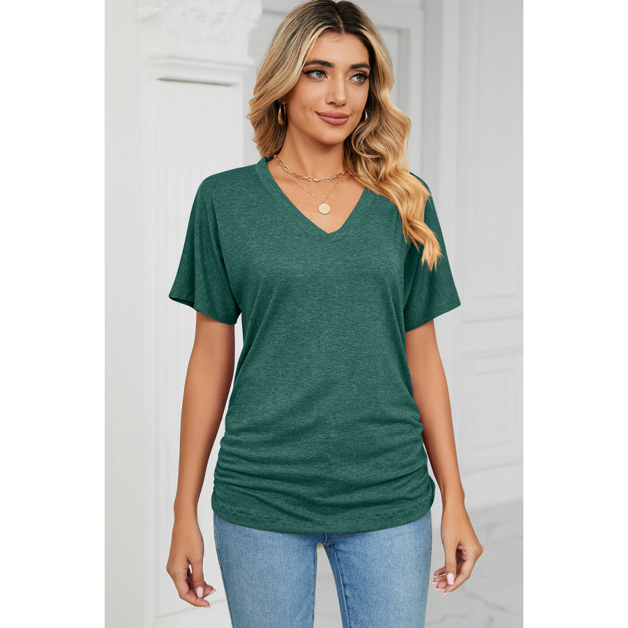 Ruched V - Neck Short Sleeve T - Shirt Green / S Apparel and Accessories