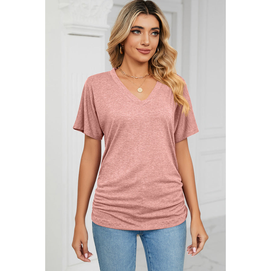 Ruched V - Neck Short Sleeve T - Shirt Light Mauve / S Apparel and Accessories