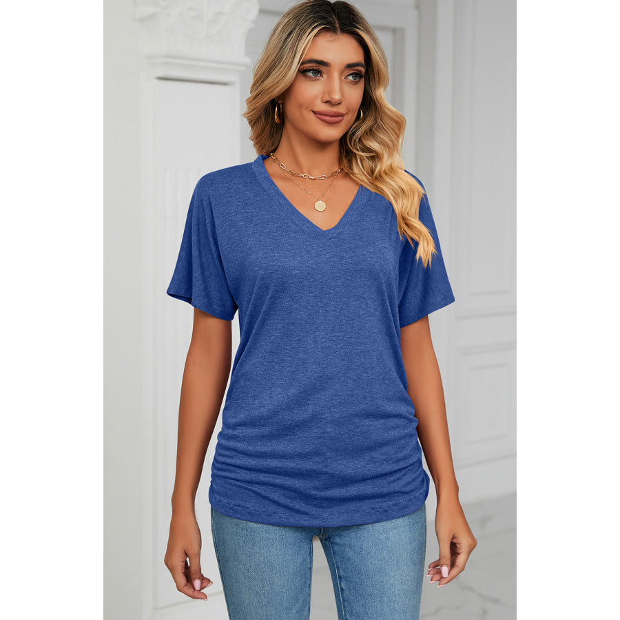 Ruched V - Neck Short Sleeve T - Shirt Royal Blue / S Apparel and Accessories