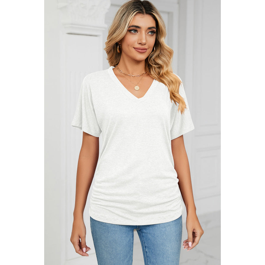 Ruched V - Neck Short Sleeve T - Shirt White / S Apparel and Accessories