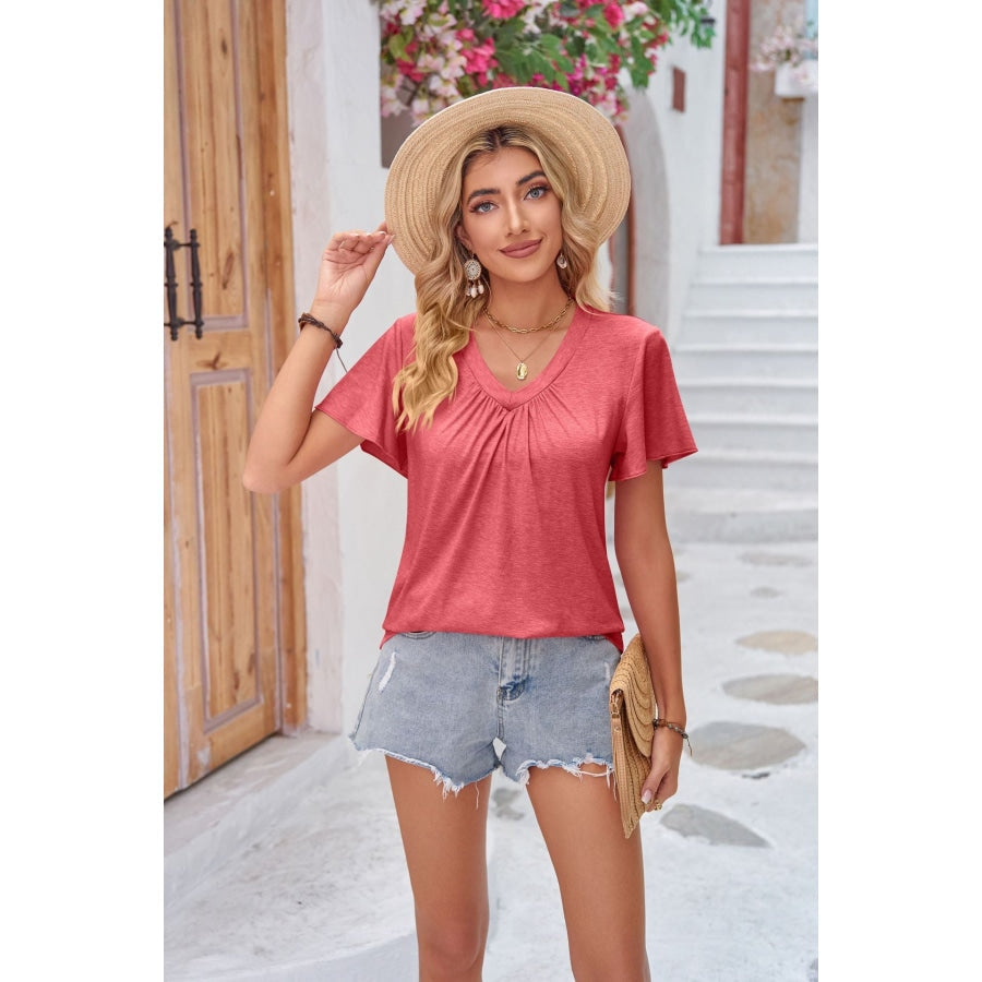 Ruched V-Neck Short Sleeve Tee Burnt Coral / S