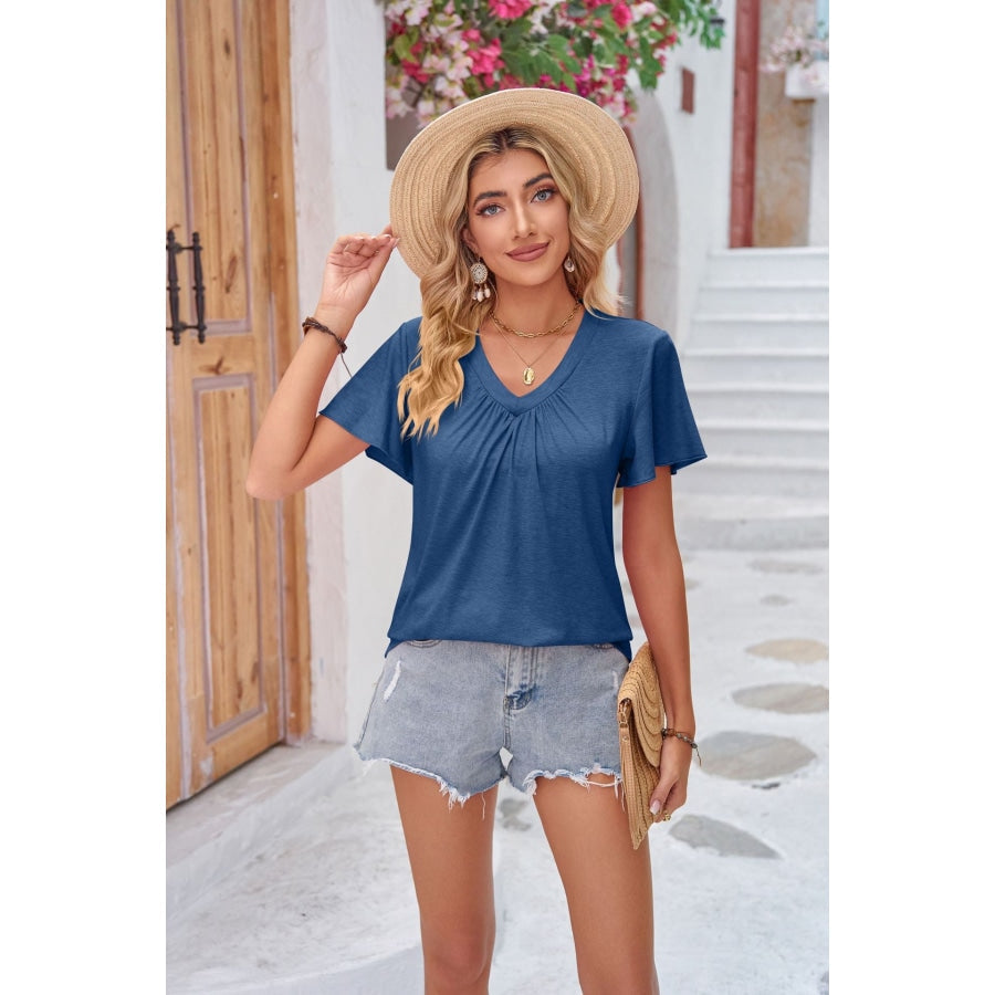 Ruched V-Neck Short Sleeve Tee Dusty Blue / S