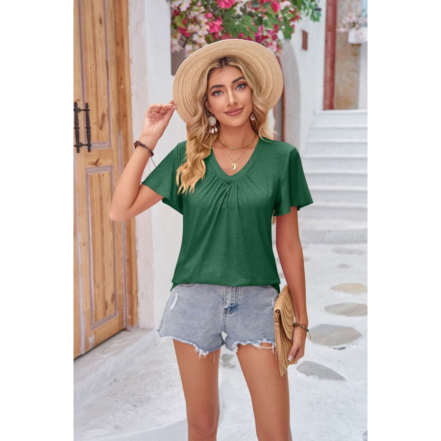 Ruched V-Neck Short Sleeve Tee Forest / S