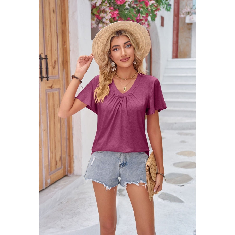 Ruched V-Neck Short Sleeve Tee Fuchsia / S