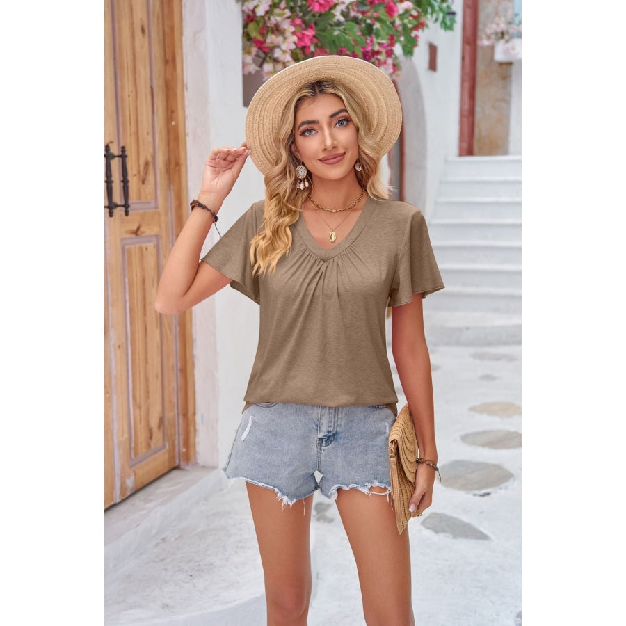 Ruched V-Neck Short Sleeve Tee Taupe / S