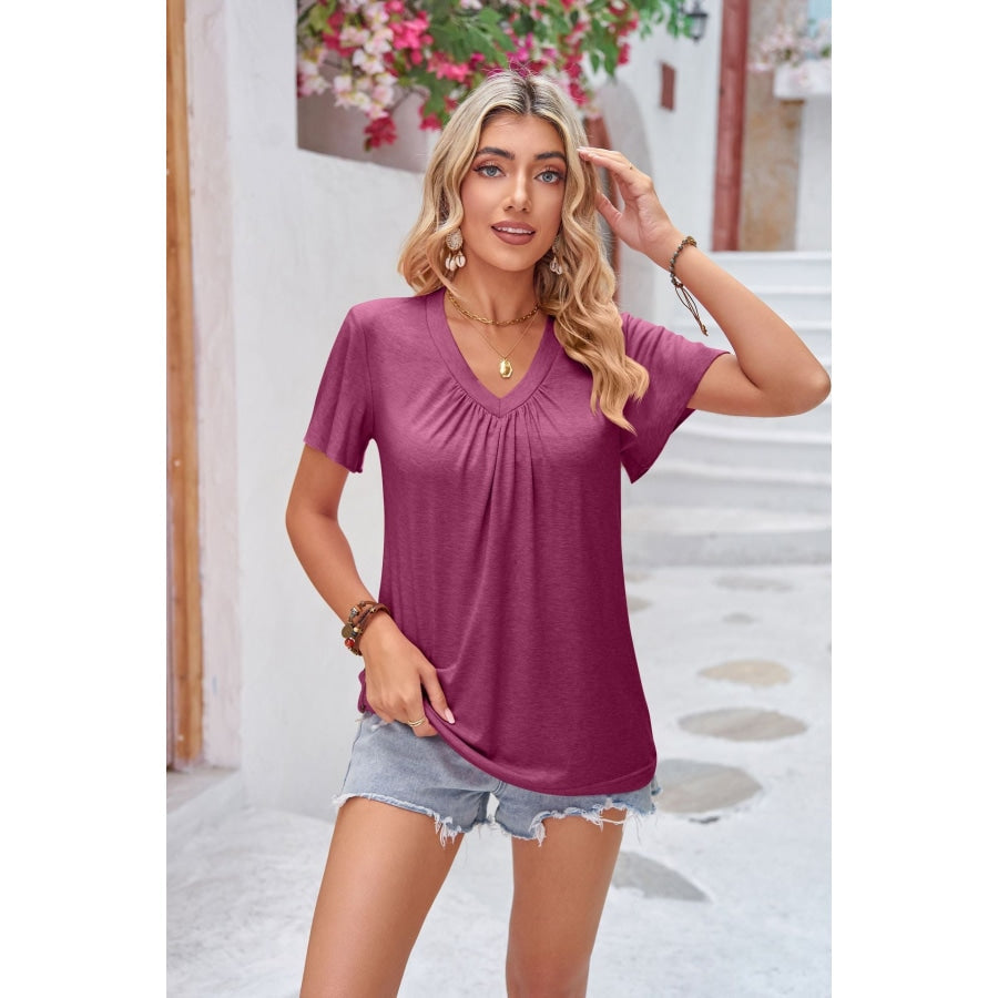 Ruched V-Neck Short Sleeve Tee