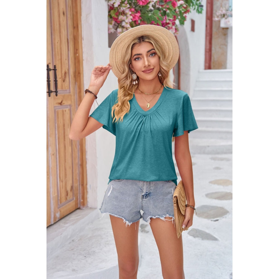 Ruched V-Neck Short Sleeve Tee