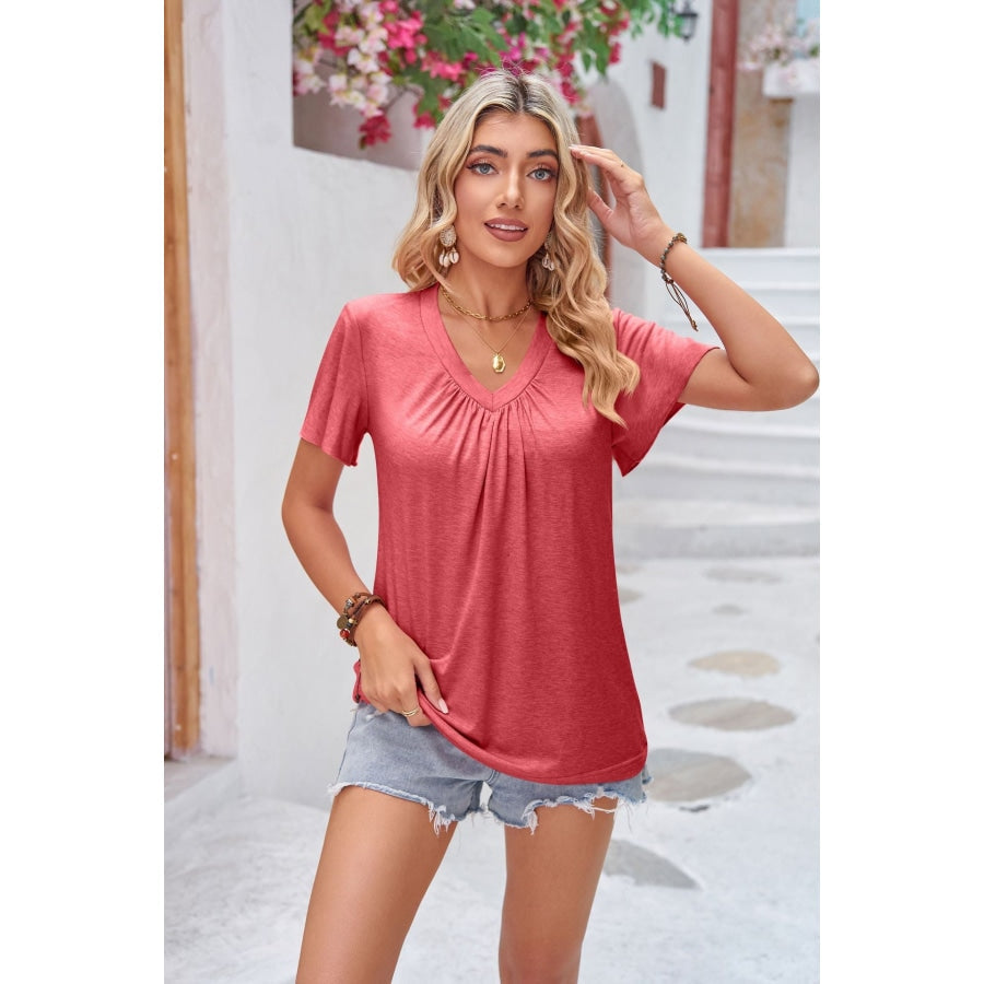 Ruched V-Neck Short Sleeve Tee