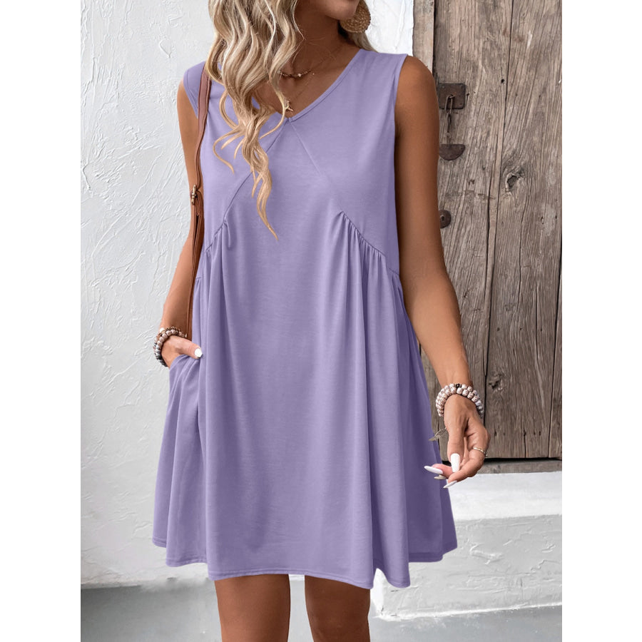 Ruched V-Neck Sleeveless Mini Dress Apparel and Accessories