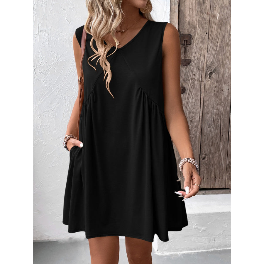 Ruched V-Neck Sleeveless Mini Dress Apparel and Accessories