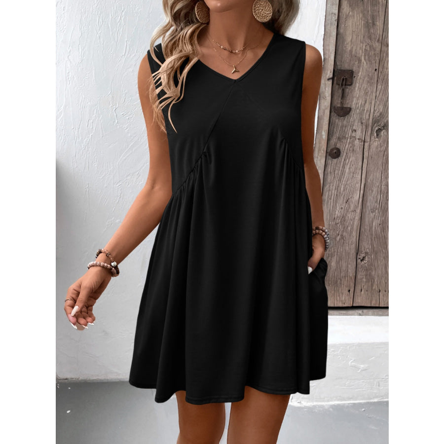 Ruched V-Neck Sleeveless Mini Dress Black / S Apparel and Accessories