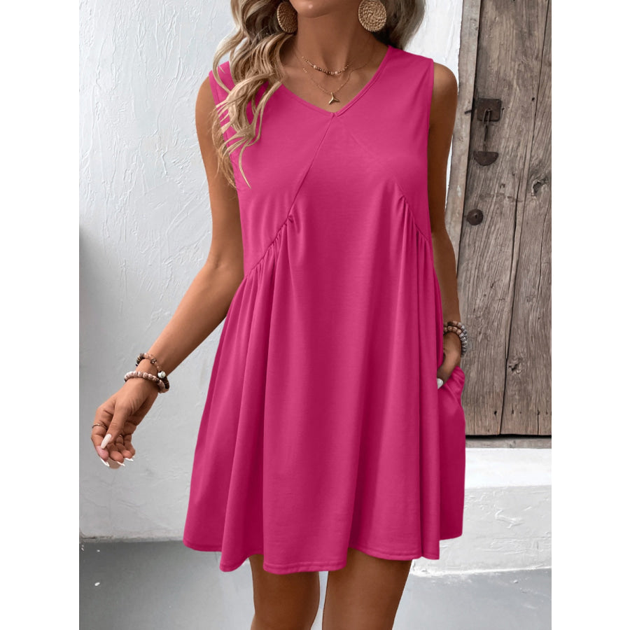 Ruched V-Neck Sleeveless Mini Dress Deep Rose / S Apparel and Accessories