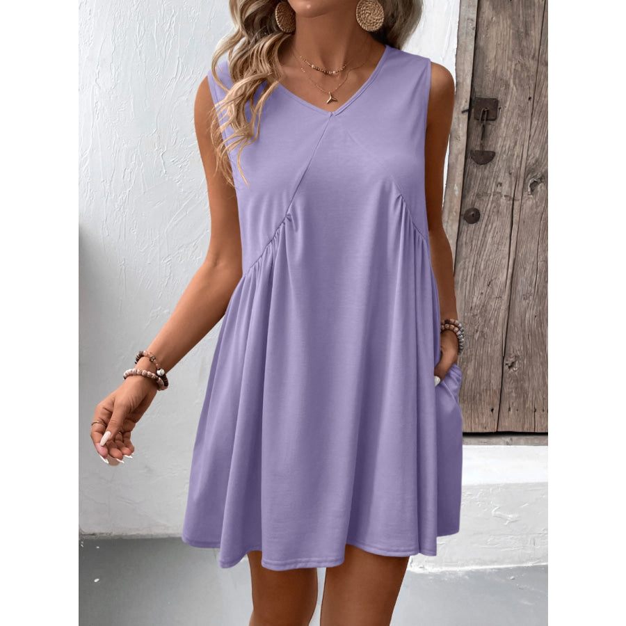 Ruched V-Neck Sleeveless Mini Dress Lavender / S Apparel and Accessories