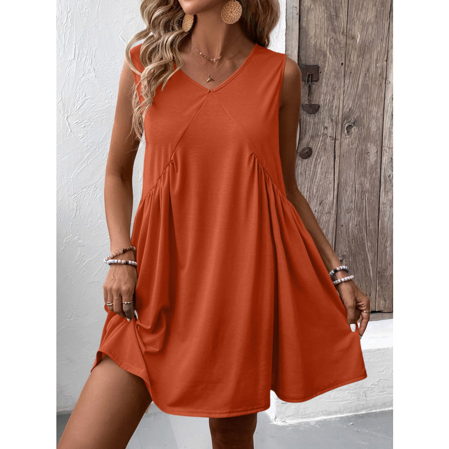 Ruched V-Neck Sleeveless Mini Dress Terracotta / S Apparel and Accessories