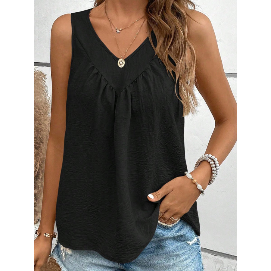 Ruched V-Neck Wide Strap Tank Black / S Apparel and Accessories