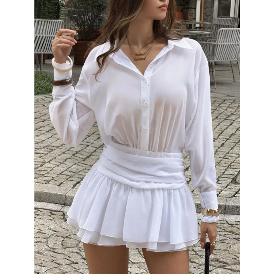 Ruched Waist Layered Ruffle Hem Shirt Dress Apparel and Accessories