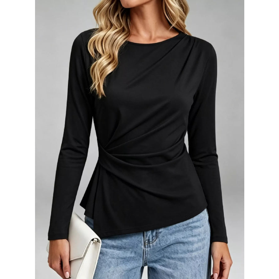 Ruched Waist Long Sleeve T-Shirt Black / S Apparel and Accessories
