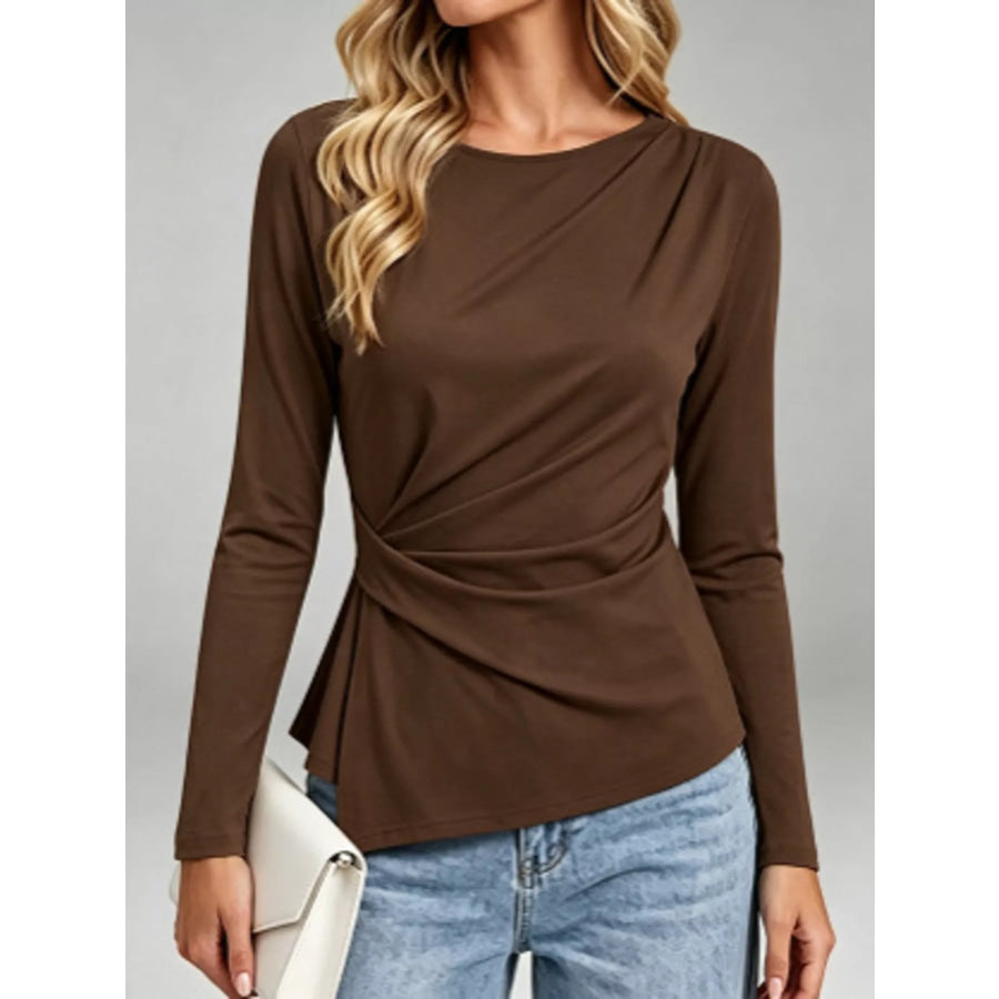 Ruched Waist Long Sleeve T-Shirt Coffee Brown / S Apparel and Accessories