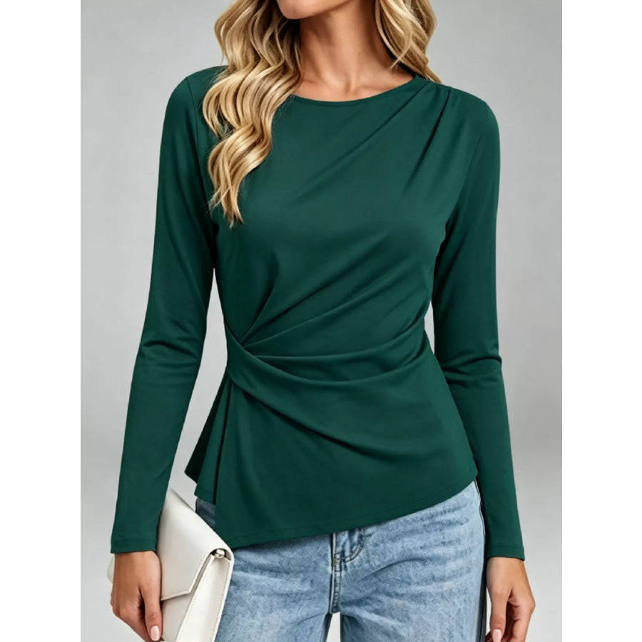 Ruched Waist Long Sleeve T-Shirt Green / S Apparel and Accessories